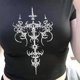 Bxoxo Gothic Punk Rock Y2K Emo Girl Grunge vintage Women's Crop Tops Sexy Slim Harajuku Chic Geometric Pattern Print O-Neck Baby Tops